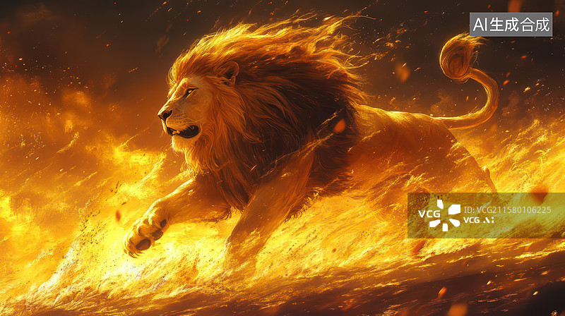 【AI数字艺术】火焰雄狮霸气怒吼动态特写图图片素材