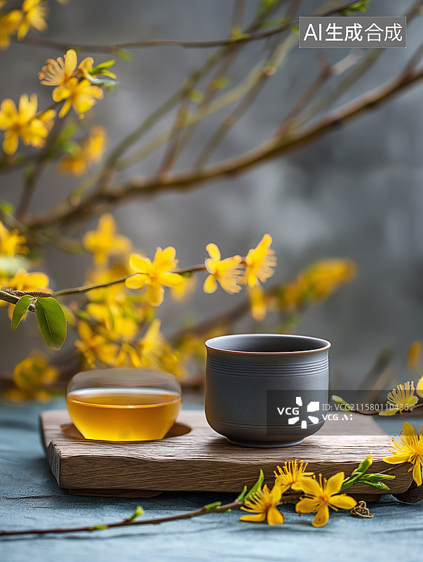 【AI数字艺术】宁静的茶道环境中，茶罐与温热的茶杯相伴，黄桂花点缀其间，极简背景下的禅意体验图片素材