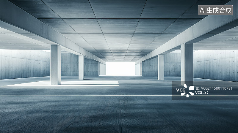 【AI数字艺术】空旷的现代化地下停车场，光线透过出口照射进来，展现出简洁的建筑风格图片素材