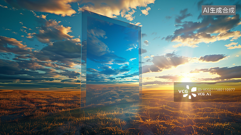 【AI数字艺术】广阔田野中漂浮的巨大画布展现了壮丽的日落景象与蓝色闪电图片素材