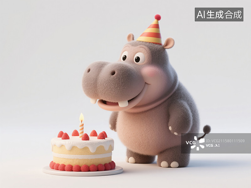 【AI数字艺术】欢乐生日帽河马创意3D毛毡质感插画动物贺卡可爱卡通角色与蛋糕儿童书籍海报节日设计欢快庆祝主题商业背景图片素材