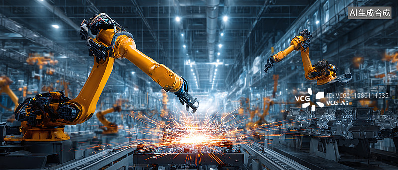 【AI数字艺术】工业机器人机械臂在工厂作业，迸发火花展现科技制造力，打造现代动态的创意视觉场景 。图片素材