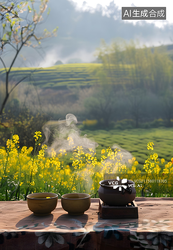 【AI数字艺术】田野旁边的茶壶茶具图片素材