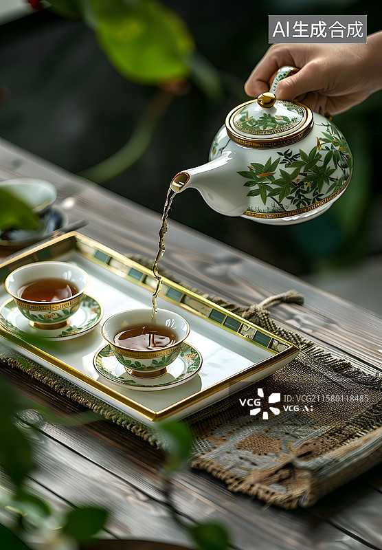 【AI数字艺术】一只手拿着透明茶壶在倒茶图片素材