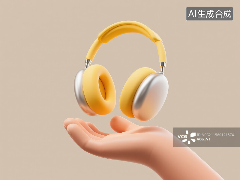 【AI数字艺术】一只简约风格的手托举着黄色头戴式耳机图片素材