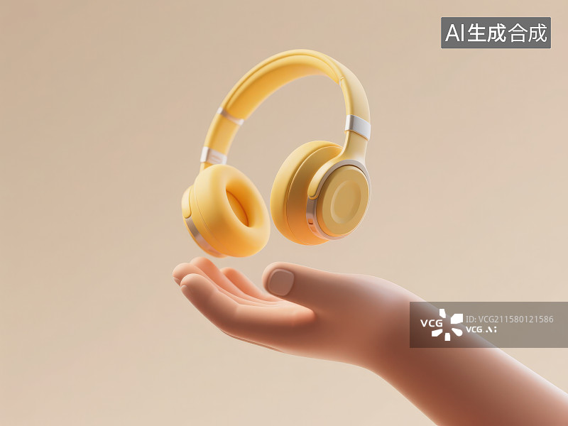 【AI数字艺术】一只简约风格的手托举着黄色头戴式耳机图片素材