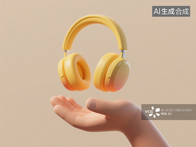 【AI数字艺术】一只简约风格的手托举着黄色头戴式耳机图片素材