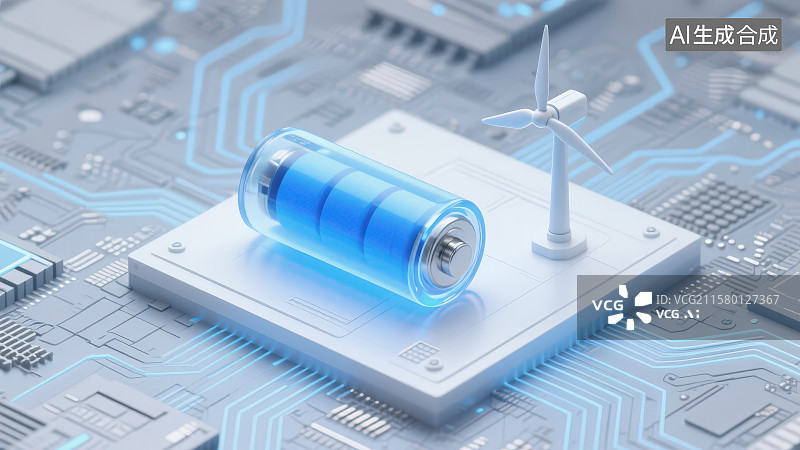 【AI数字艺术】3D渲染透明蓝色电池和小型风力发电机置于电路板纹理背景，绿色新能源科技概念可持续发展主题场景图片素材