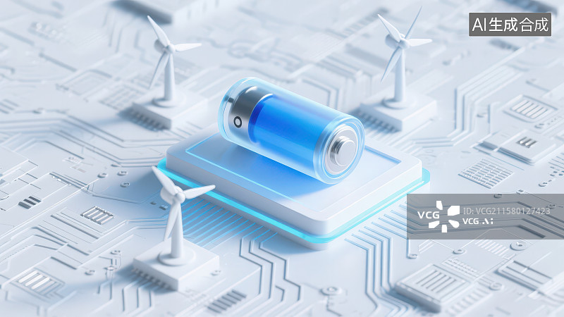 【AI数字艺术】3D渲染透明蓝色电池和小型风力发电机置于电路板纹理背景，绿色新能源科技概念可持续发展主题场景图片素材