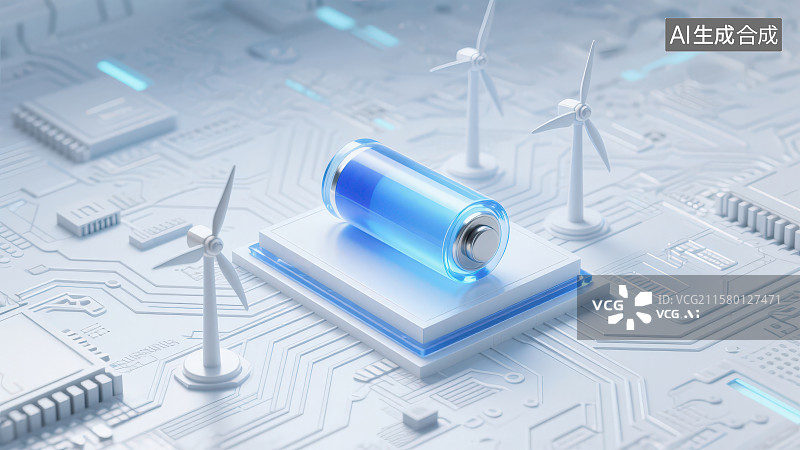 【AI数字艺术】3D渲染透明蓝色电池和小型风力发电机置于电路板纹理背景，绿色新能源科技概念可持续发展主题场景图片素材