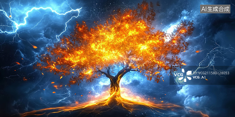 【AI数字艺术】火焰树奇幻场景图片素材