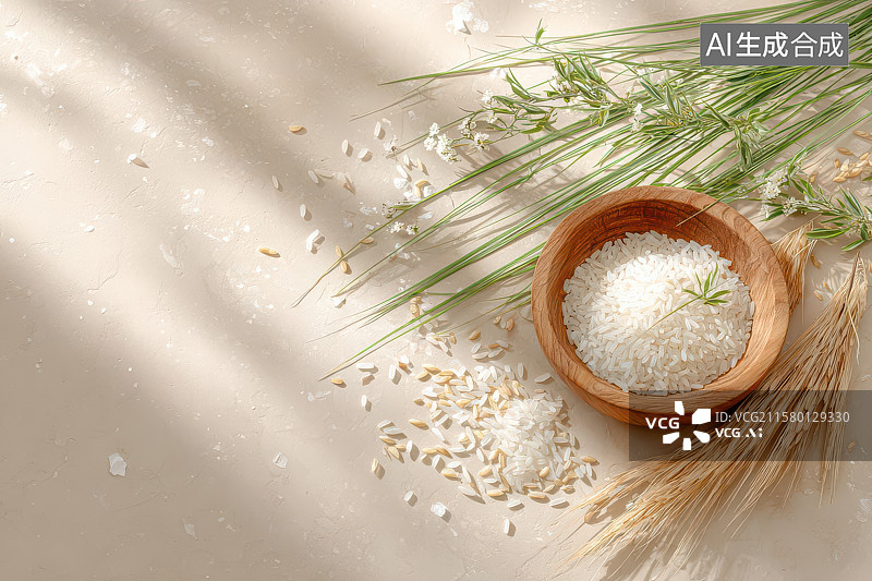 【AI数字艺术】稻穗白米木碗自然静物摄影图图片素材