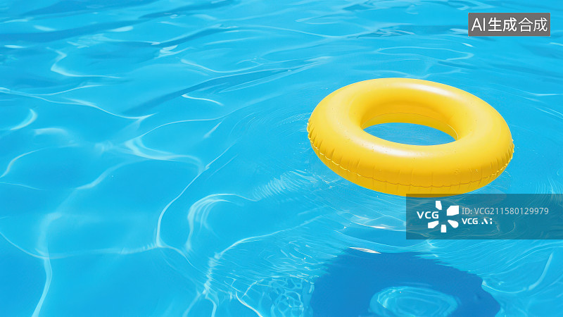 【AI数字艺术】清澈蓝色泳池水面漂浮着一只黄色游泳圈图片素材