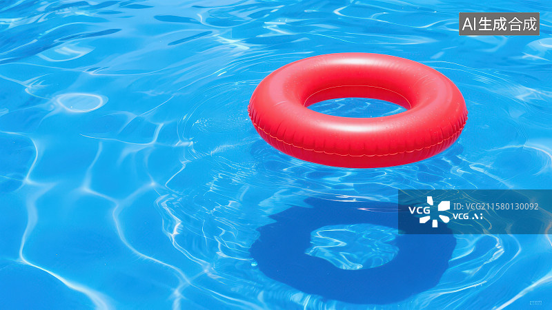 【AI数字艺术】清澈蓝色泳池水面漂浮着一只红色游泳圈图片素材