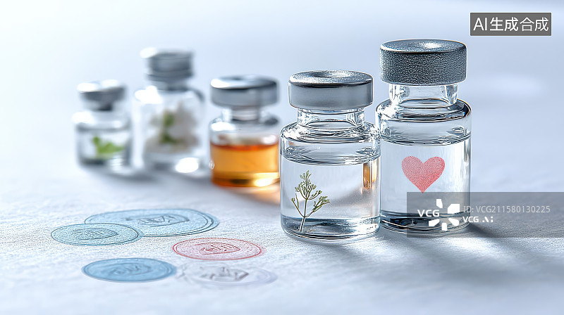 【AI数字艺术】玻璃瓶爱心药丸植物静物图图片素材
