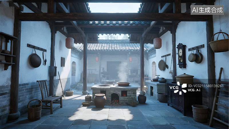 【AI数字艺术】古朴农家灶台炊烟袅袅图片素材