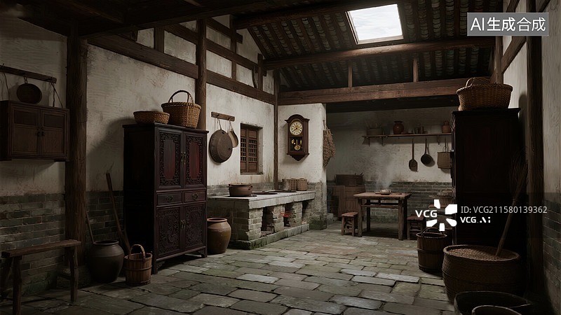 【AI数字艺术】古朴农家灶台炊烟袅袅图片素材