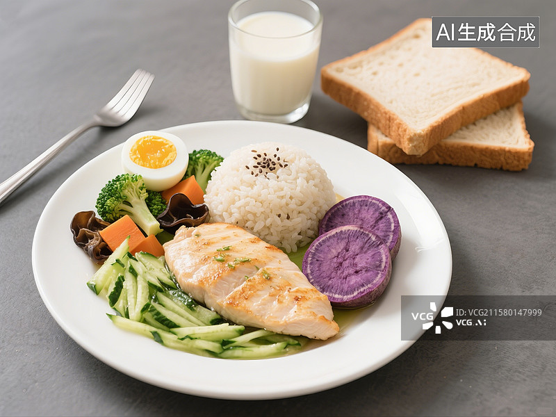 【AI数字艺术】一份减脂餐，瘦身餐，健身餐，轻食，面包片，鳕鱼，鸡胸肉，紫薯，西兰花，水煮蛋图片素材