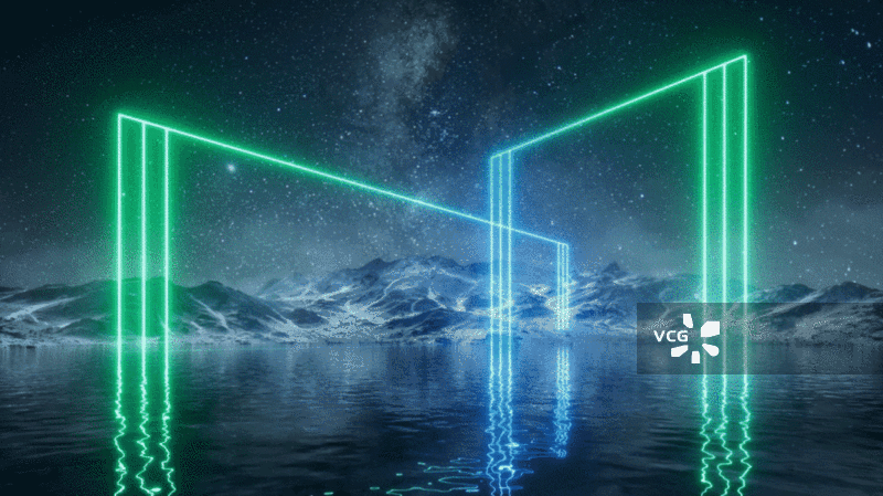 夜晚湖面上的霓虹发光线条三维渲染图片素材