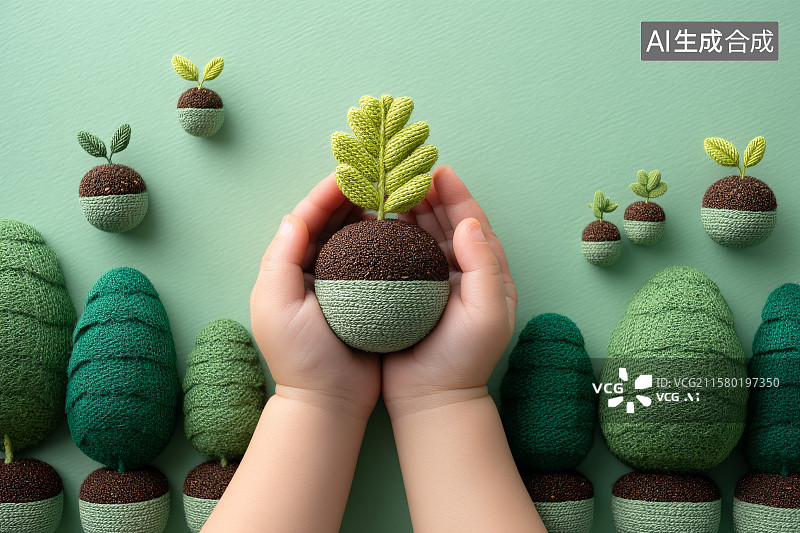 【AI数字艺术】双手捧着绿色植物的手工编织球图片素材