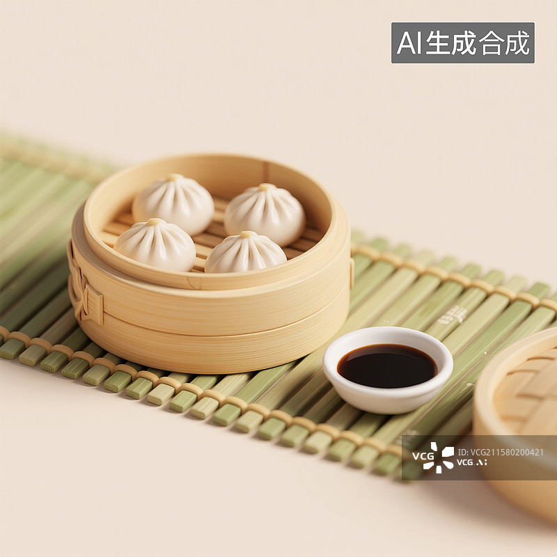 【AI数字艺术】3D渲染，小笼包和蘸水，陈醋蘸料，放在蒸笼里的一屉小笼包，鲜肉包子，速冻食品，传统美食图片素材