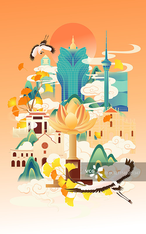 国风秋天节气澳门城市建筑矢量插画图片素材