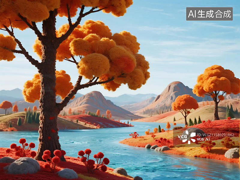 【AI数字艺术】橙林幻河：童话山麓的绮丽之景图片素材