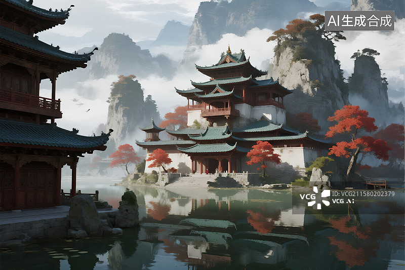 【AI数字艺术】烟峦红阁：水墨江天的幽居意韵图片素材