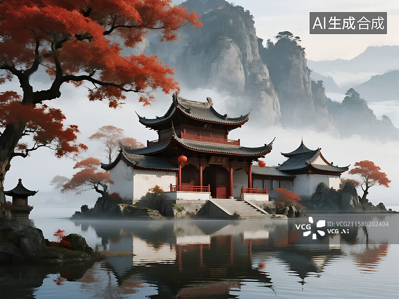 【AI数字艺术】烟峦红阁：水墨江天的幽居意韵图片素材