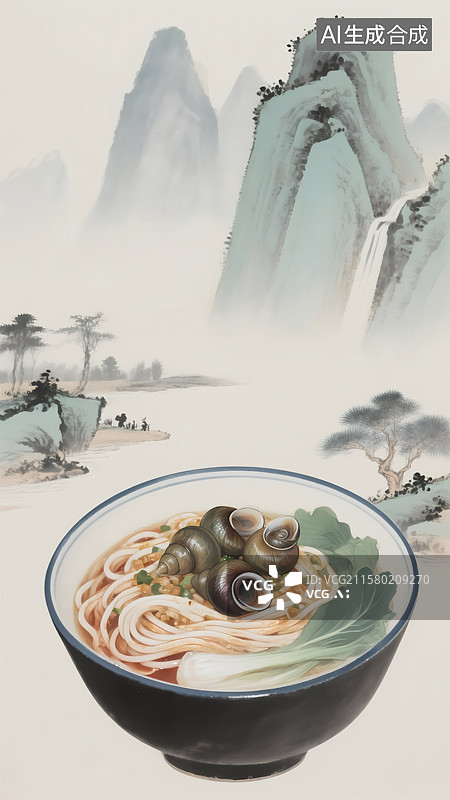 【AI数字艺术】螺蛳粉山水背景插画图片素材