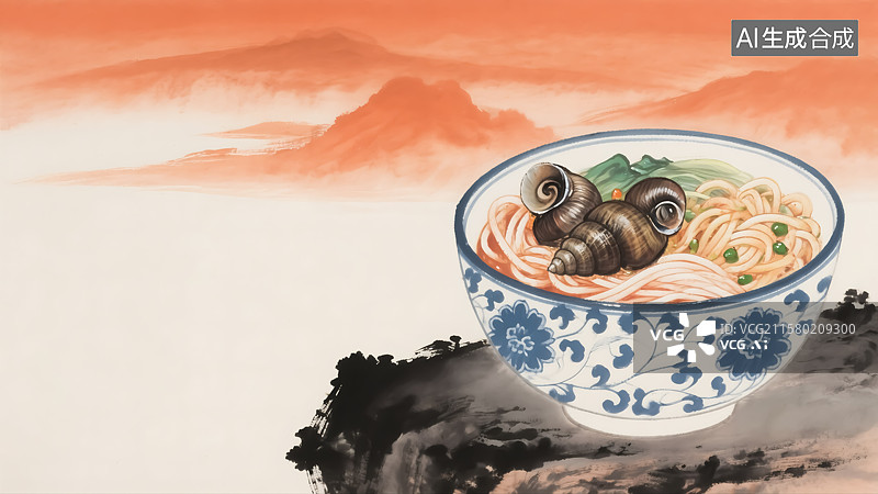 【AI数字艺术】螺蛳粉山水背景插画图片素材