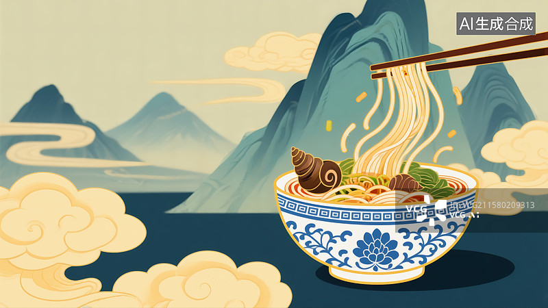 【AI数字艺术】螺蛳粉山水背景插画图片素材