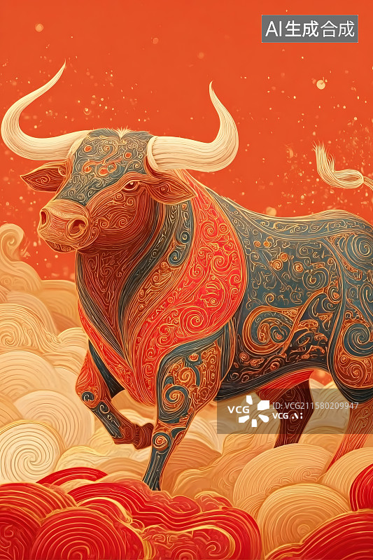 【AI数字艺术】红色背景，脚踏祥云的一只健硕的野牛图片素材