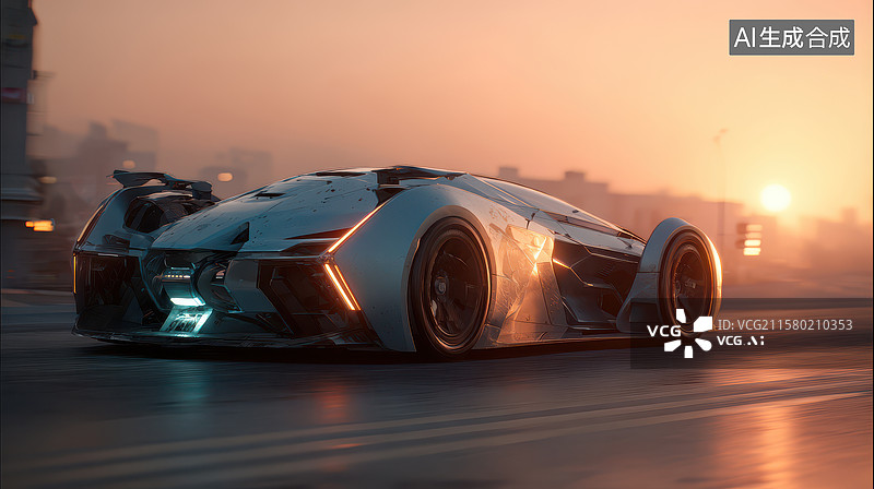 【AI数字艺术】未来赛车在黄昏城市街道疾驰图片素材