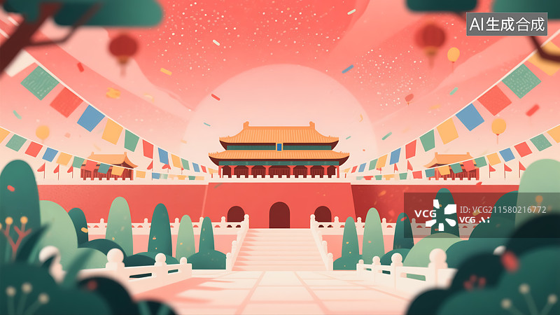 【AI数字艺术】国潮风宫殿建筑节日插画图片素材