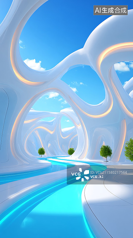 【AI数字艺术】未来风格建筑中蓝天泳池与穹顶拱门场景图片素材
