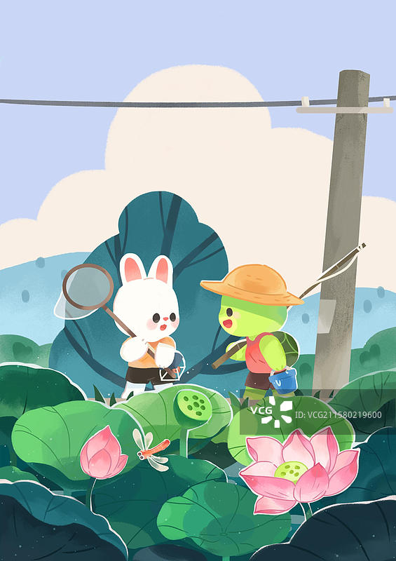 卡通夏季乡村小路荷花儿童插画图片素材