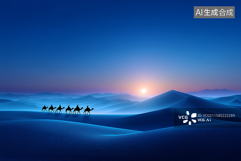 【AI数字艺术】夜幕下的沙漠骆驼商队剪影图片素材