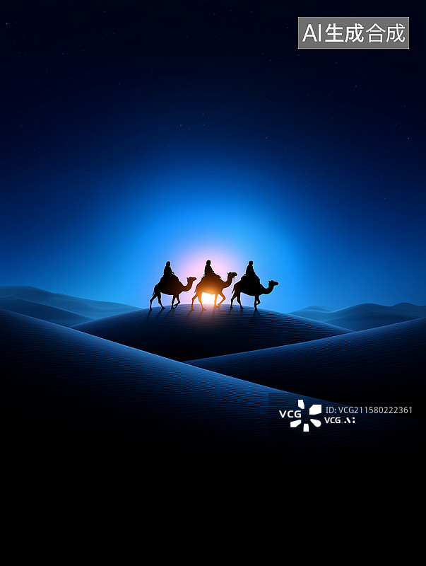 【AI数字艺术】夜幕下的沙漠骆驼商队剪影图片素材