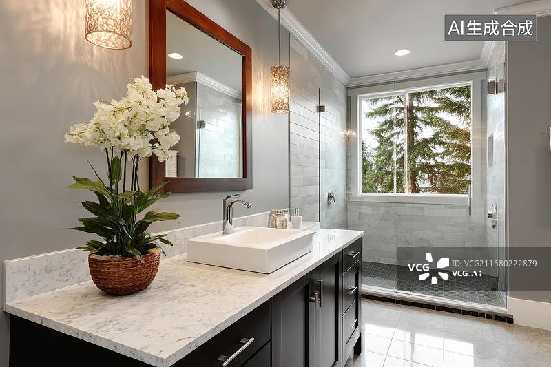 【AI数字艺术】现代优雅的浴室，大理石和玻璃图片素材