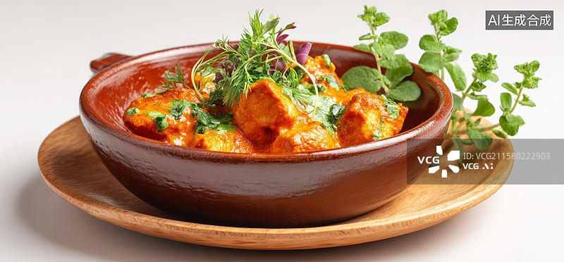 【AI数字艺术】陶土餐盘中的美味咖喱鸡图片素材