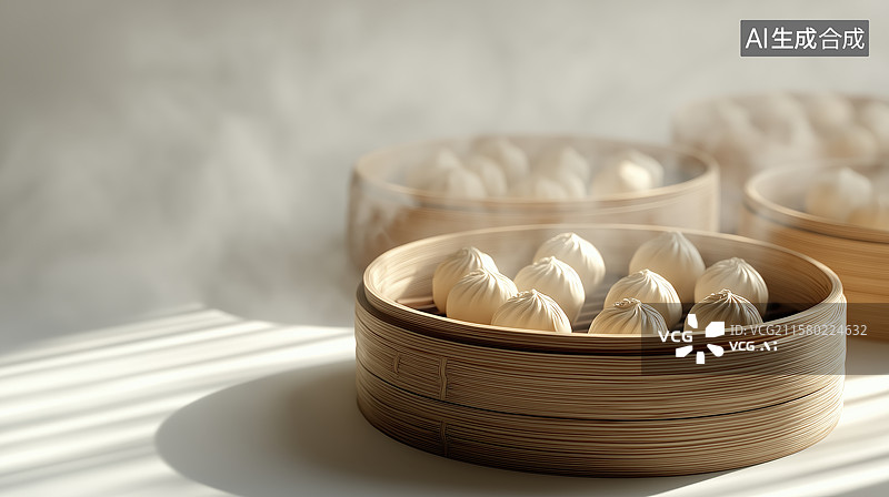 【AI数字艺术】竹蒸笼中的包子图片素材