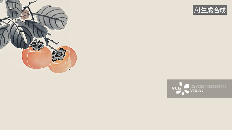 【AI数字艺术】水墨画柿子左上图片素材