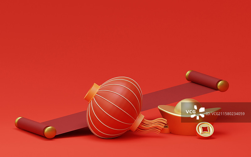 3D渲染中国风传统节日庆典灯笼卷轴元素图片素材