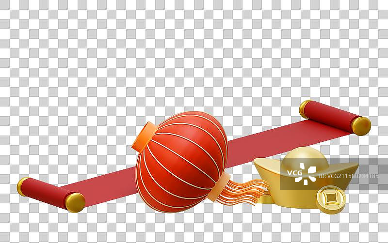 3D渲染中国风传统节日庆典灯笼卷轴元素图片素材