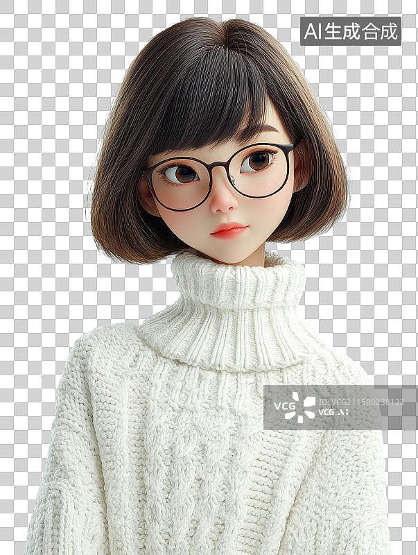 【AI数字艺术】戴眼镜的短发女孩穿着白色高领毛衣图片素材