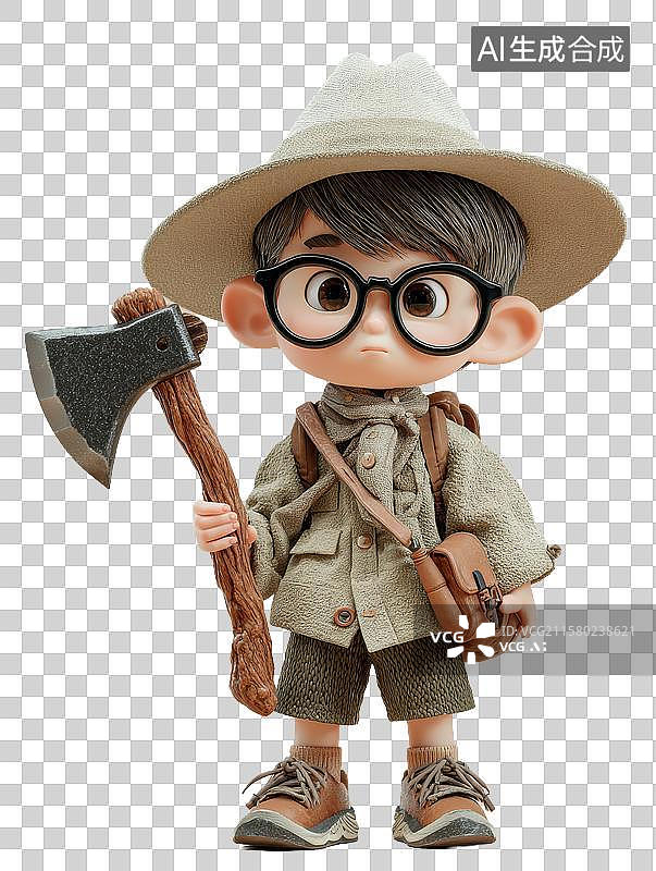 【AI数字艺术】探险者手持斧头的卡通形象图片素材