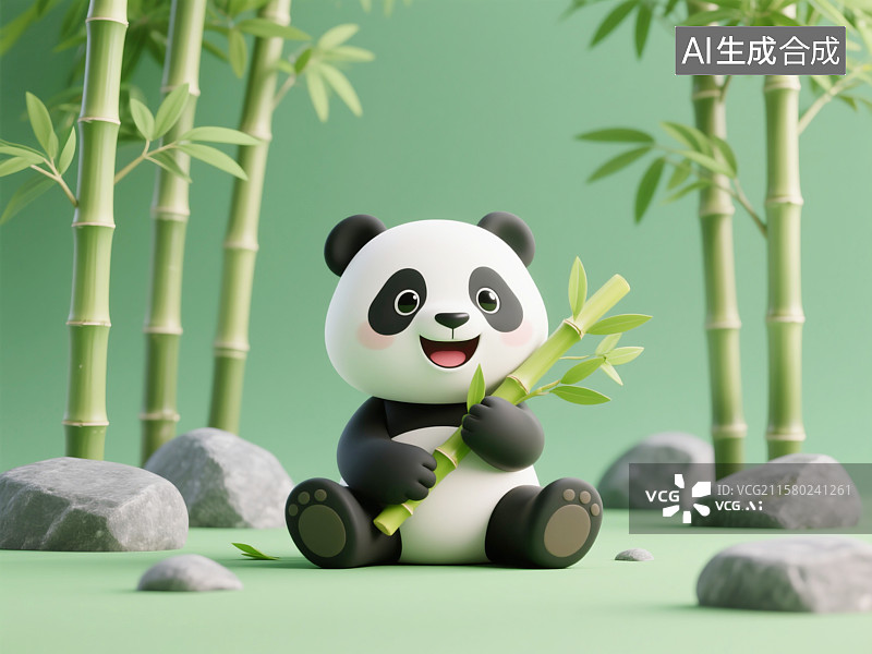 【AI数字艺术】竹林里抱着竹子的熊猫插画图片素材
