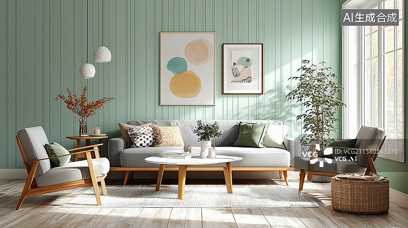 【AI数字艺术】北欧薄荷绿客厅图片素材