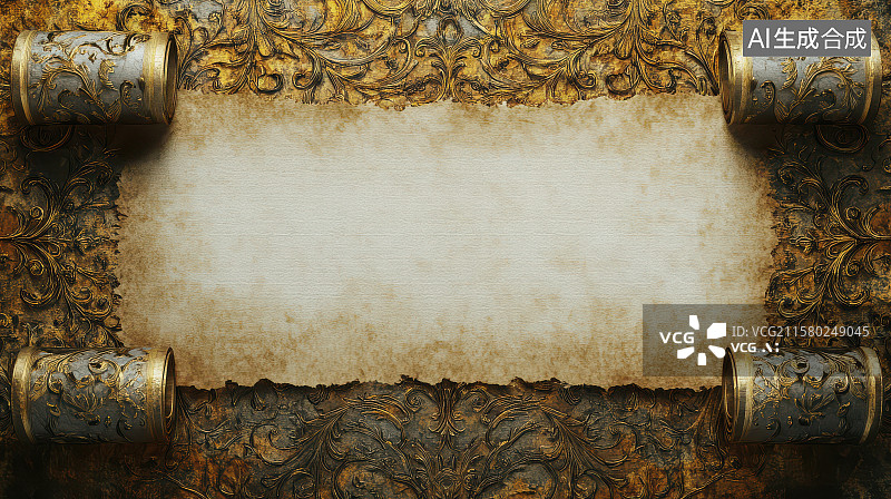 【AI数字艺术】华丽金色雕花复古装饰卷轴图片素材